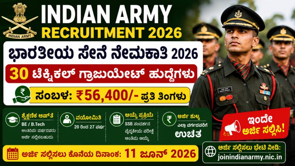 Indian Army Recruitment 2026 🔥 30 ಹುದ್ದೆಗಳು | ₹56,400 ಸಂಬಳ | BE/B.Tech ಅಭ್ಯರ್ಥಿಗಳಿಗೆ ಭರ್ಜರಿ ಅವಕಾಶ