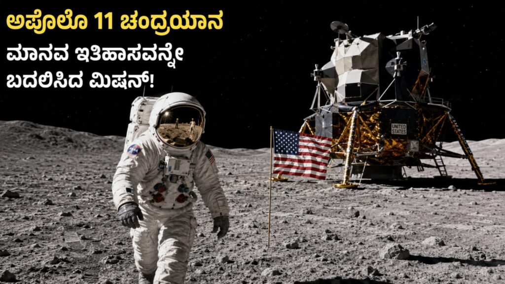 ಅಪೊಲೊ 11 ಚಂದ್ರಯಾನದಲ್ಲಿ ಚಂದ್ರನ ಮೇಲ್ಮೈಯಲ್ಲಿ ನಿಂತಿರುವ ಗಗನಯಾತ್ರಿ ಮತ್ತು ಲೂನರ್ ಮಾಡ್ಯೂಲ್ ಇಗಲ್‌ನ ದೃಶ್ಯ