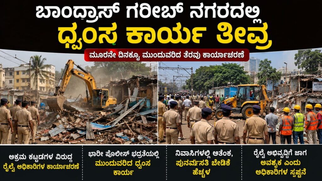ಬಾಂದ್ರಾಸ್ ಗರೀಬ್ ನಗರದಲ್ಲಿ ಅಕ್ರಮ ಕಟ್ಟಡಗಳ ತೆರವು ಕಾರ್ಯ ನಡೆಸುತ್ತಿರುವ ಜೆಸಿಬಿ ಮತ್ತು ಪೊಲೀಸ್ ಭದ್ರತೆ