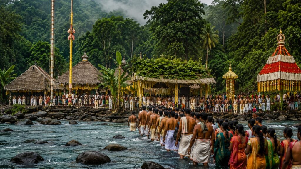ಕೊಟ್ಟಿಯೂರು ಕ್ಷೇತ್ರದ ಪವಿತ್ರ ನದಿ ತೀರದಲ್ಲಿ ಉತ್ಸವದ ವೇಳೆ ದೇವರ ದರ್ಶನಕ್ಕಾಗಿ ಸಾಗುತ್ತಿರುವ ಭಕ್ತರು