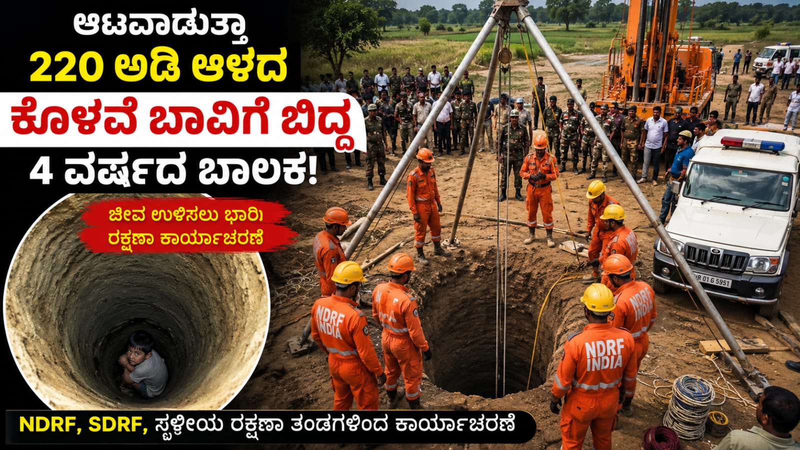 220 ಅಡಿ ಆಳದ ಕೊಳವೆ ಬಾವಿ ಬಳಿ NDRF ಮತ್ತು SDRF ರಕ್ಷಣಾ ಕಾರ್ಯಾಚರಣೆ