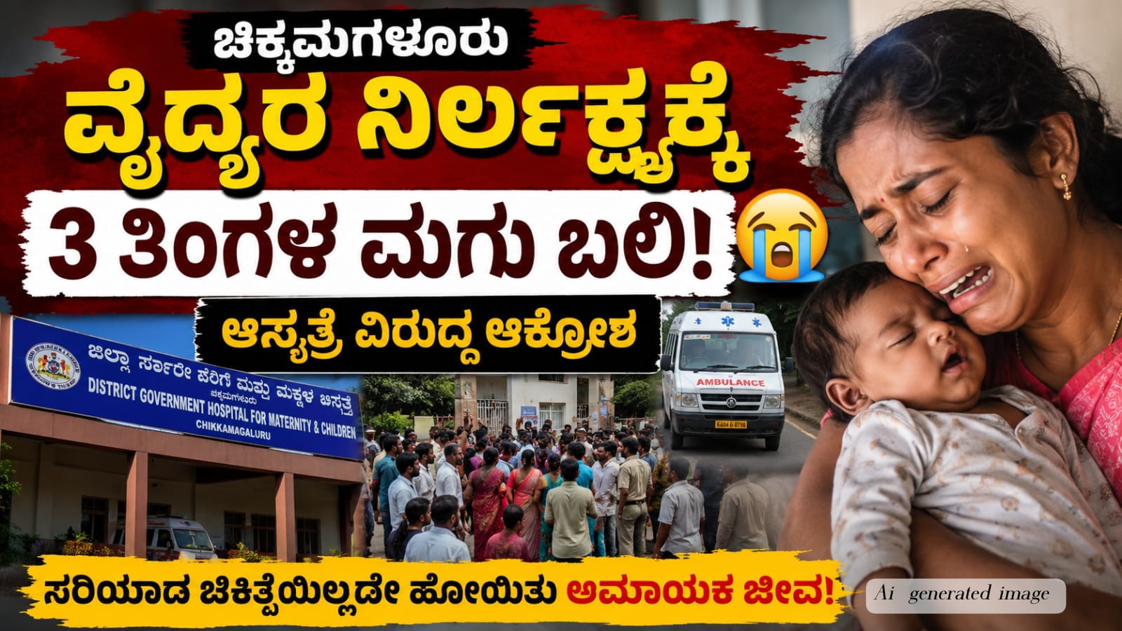 ಚಿಕ್ಕಮಗಳೂರು ಸರ್ಕಾರಿ ಜಿಲ್ಲಾ ಹೆರಿಗೆ ಮತ್ತು ಮಕ್ಕಳ ಆಸ್ಪತ್ರೆಯಲ್ಲಿ 3 ತಿಂಗಳ ಮಗು ಸಾವಿನ ಪ್ರಕರಣದ ಹಿನ್ನೆಲೆ ಆಸ್ಪತ್ರೆ ಎದುರು ಪೋಷಕರು ಮತ್ತು ಸಾರ್ವಜನಿಕರ ಆಕ್ರೋಶದ ಸಾಂದರ್ಭಿಕ ಚಿತ್ರ.