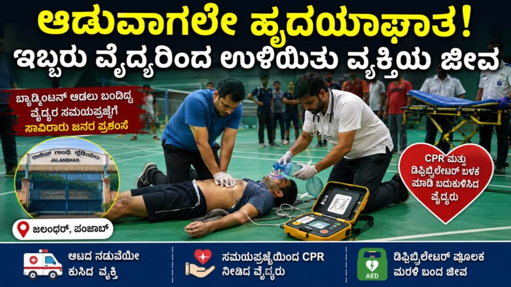 Heart attack doctors save life jalandhar: ಆಡುವಾಗಲೇ ಹೃದಯಾಘಾತ.ಆಡುವಾಗಲೇ ಹೃದಯಾಘಾತ! ಬ್ಯಾಡ್ಮಿಂಟನ್ ಕೋರ್ಟ್‌ನಲ್ಲಿ ಕುಸಿದ ವ್ಯಕ್ತಿಯ ಜೀವ ಉಳಿಸಿದ ಇಬ್ಬರು ವೈದ್ಯರು!