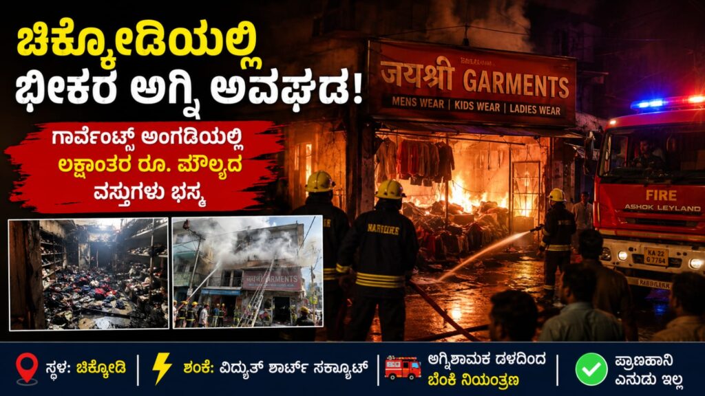 ಚಿಕ್ಕೋಡಿಯ ಗಾರ್ಮೆಂಟ್ಸ್ ಅಂಗಡಿಯಲ್ಲಿ ಸಂಭವಿಸಿದ ಅಗ್ನಿ ಅವಘಡದ ದೃಶ್ಯ