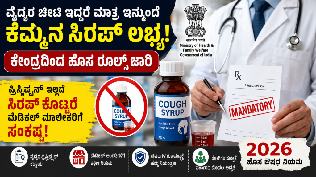 ವೈದ್ಯರ ಪ್ರಿಸ್ಕ್ರಿಪ್ಷನ್ ಹಿಡಿದಿರುವ ವೈದ್ಯರು ಮತ್ತು ಕೆಮ್ಮಿನ ಸಿರಪ್ ಬಾಟಲ್