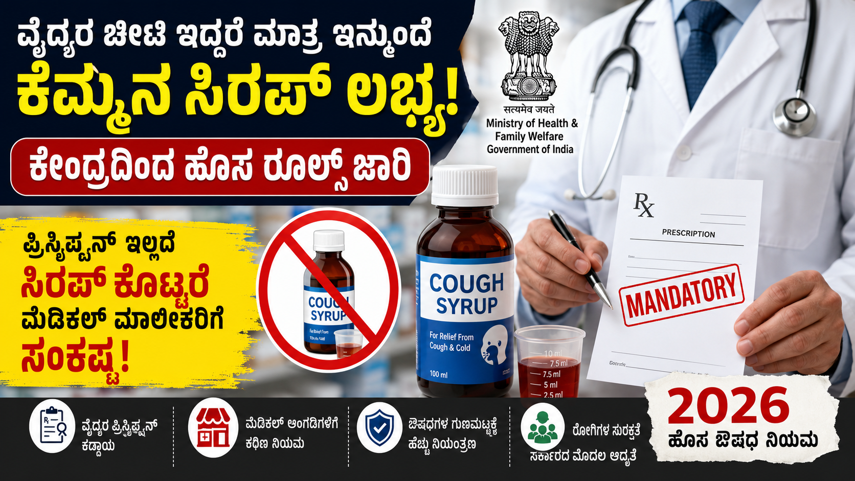 ವೈದ್ಯರ ಪ್ರಿಸ್ಕ್ರಿಪ್ಷನ್ ಹಿಡಿದಿರುವ ವೈದ್ಯರು ಮತ್ತು ಕೆಮ್ಮಿನ ಸಿರಪ್ ಬಾಟಲ್