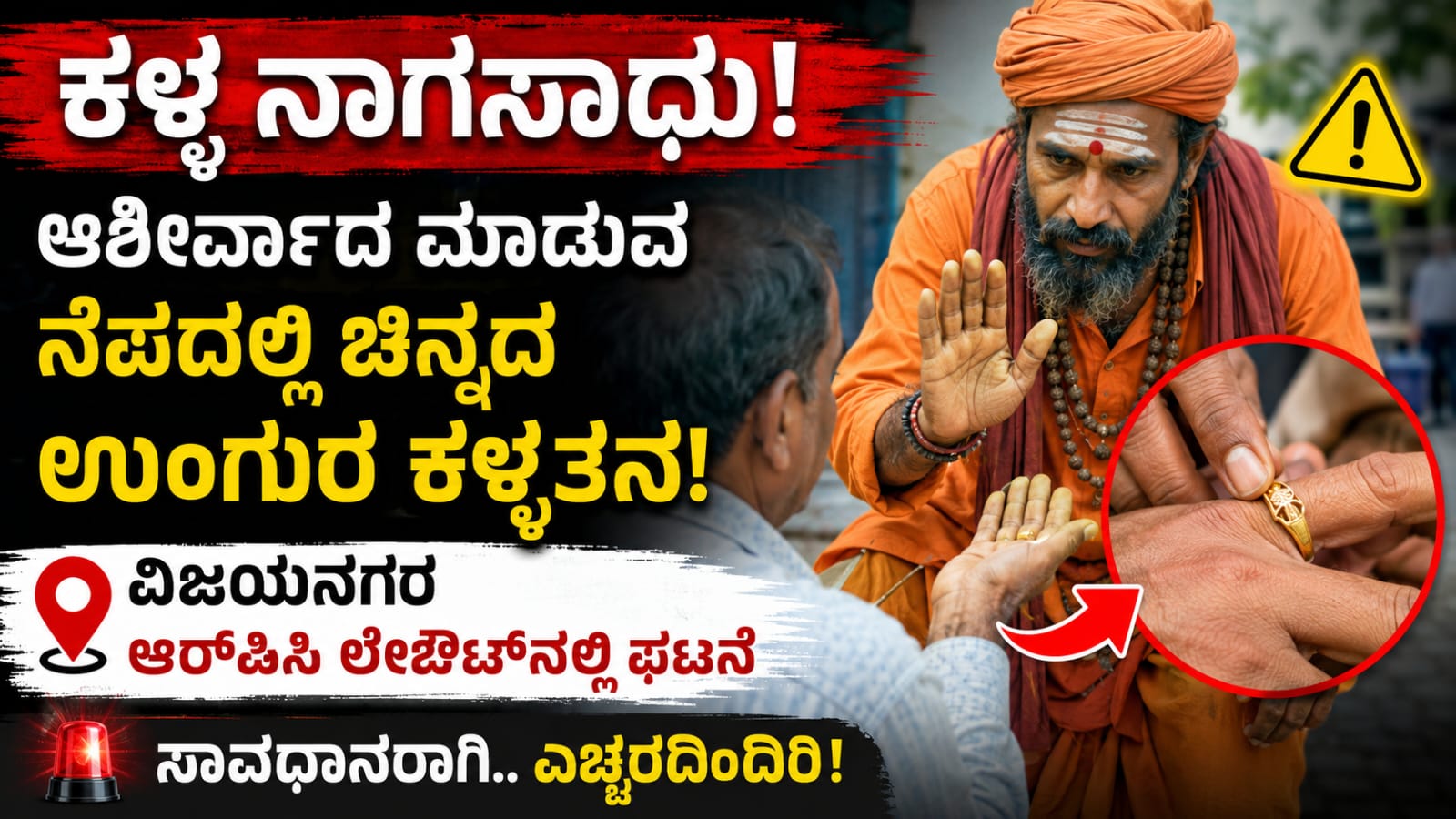 ಕಳ್ಳ ನಾಗಸಾಧು ಆಶೀರ್ವಾದದ ನೆಪದಲ್ಲಿ ಚಿನ್ನದ ಉಂಗುರ ಕಳವು ಮಾಡಿದ ಘಟನೆ