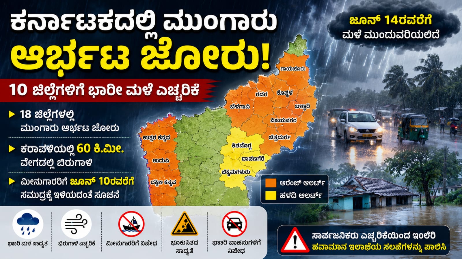 karnataka heavy rain alert 2026: ಕರಾವಳಿ ಸೇರಿದಂತೆ ಕರ್ನಾಟಕದ 10 ಜಿಲ್ಲೆಗಳಲ್ಲಿ ಭಾರೀ ಮಳೆ ಎಚ್ಚರಿಕೆ | 18 ಜಿಲ್ಲೆಗಳಲ್ಲಿ ಮುಂಗಾರು ಆರ್ಭಟ ಜೋರು