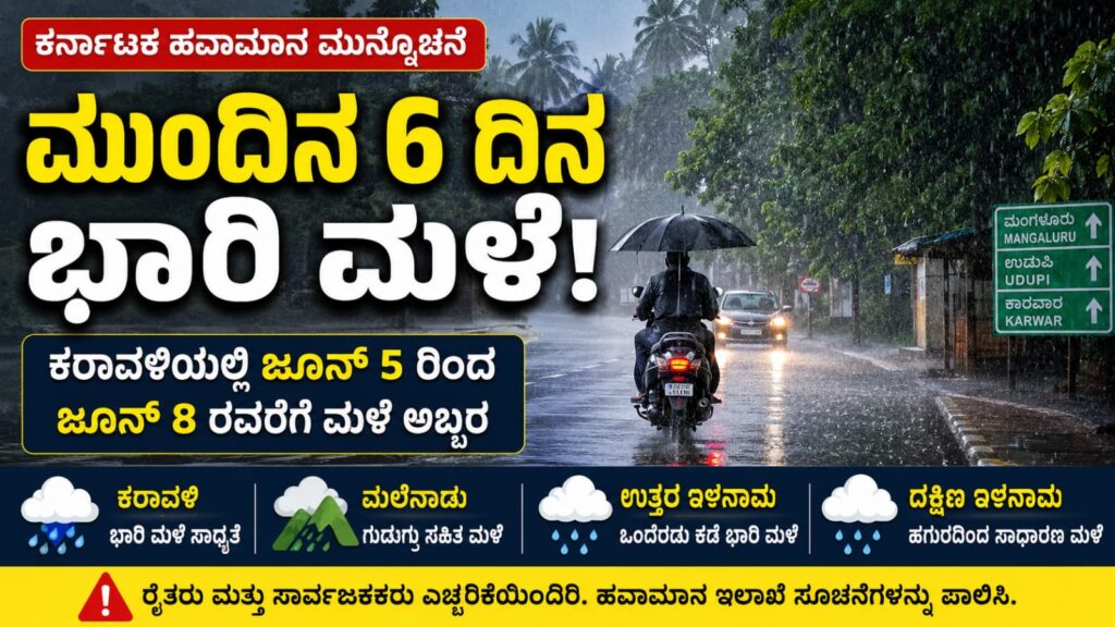karnataka weather forecast heavy rain alert june 2026:ಕರ್ನಾಟಕದಲ್ಲಿ ಮುಂದಿನ 6 ದಿನ ಭಾರೀ ಮಳೆ ಎಚ್ಚರಿಕೆ, ಕರಾವಳಿಯಲ್ಲಿ ಜೂನ್ 5ರಿಂದ ಮಳೆ ಅಬ್ಬರ, ರೈತರಿಗೆ ಮಹತ್ವದ ಸೂಚನೆ.