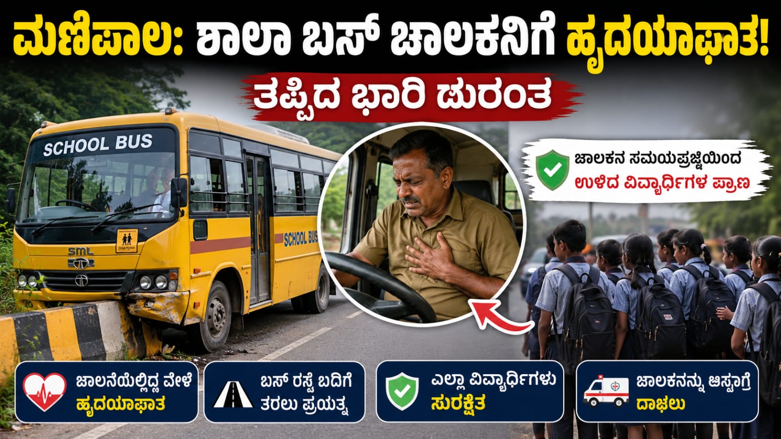 Manipal school bus driver suffers heart attack while driving and saves students