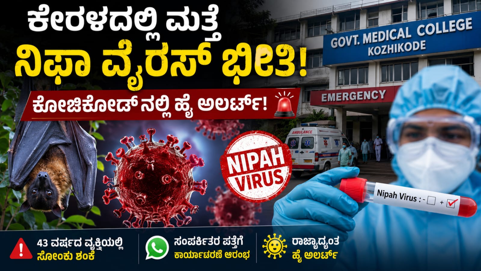 ಕೋಝಿಕೋಡ್ ವೈದ್ಯಕೀಯ ಕಾಲೇಜು ಆಸ್ಪತ್ರೆಯಲ್ಲಿ ನಿಫಾ ವೈರಸ್ ಸೋಂಕು ಶಂಕೆ ಹಿನ್ನೆಲೆ ಆರೋಗ್ಯ ಸಿಬ್ಬಂದಿ ಮುಂಜಾಗ್ರತಾ ಕ್ರಮ ಕೈಗೊಳ್ಳುತ್ತಿರುವ ದೃಶ್ಯ