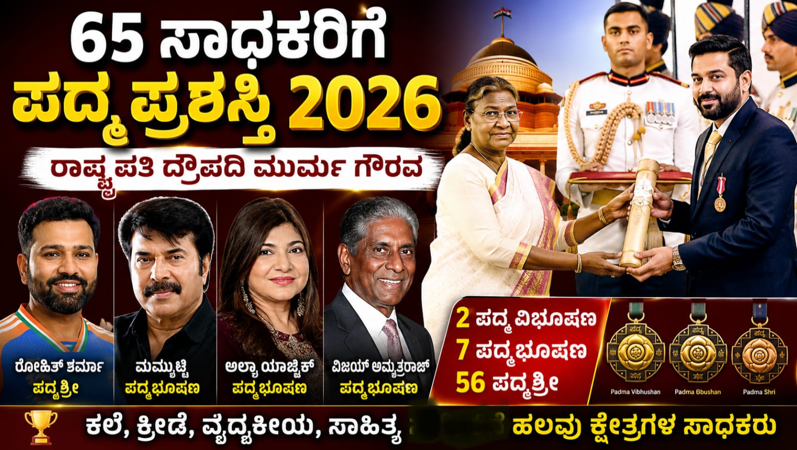 President Droupadi Murmu presenting Padma Awards 2026 to distinguished achievers including Rohit Sharma and Mammootty