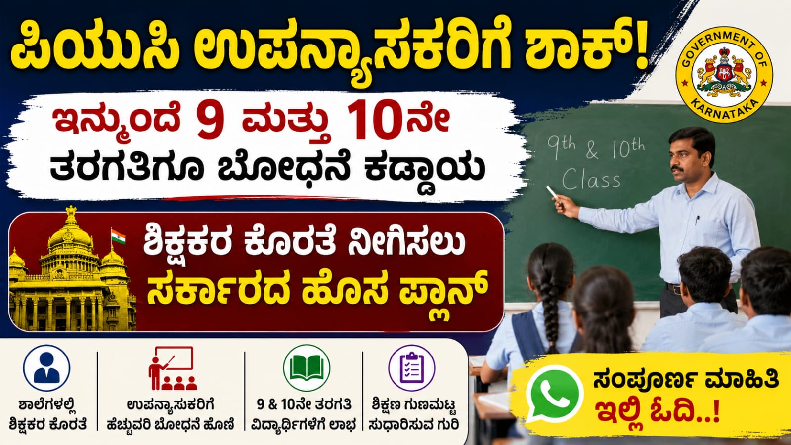 ಪಿಯುಸಿ ಉಪನ್ಯಾಸಕರು 9 ಮತ್ತು 10ನೇ ತರಗತಿಗೆ ಬೋಧನೆ ಮಾಡುವ ಕುರಿತು ಕರ್ನಾಟಕ ಸರ್ಕಾರದ ಆದೇಶ