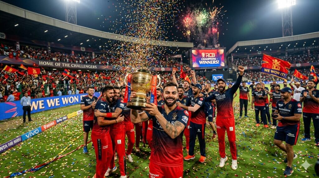 Royal Challengers Bengaluru players celebrate IPL 2026 title win after defeating Gujarat Titans in final