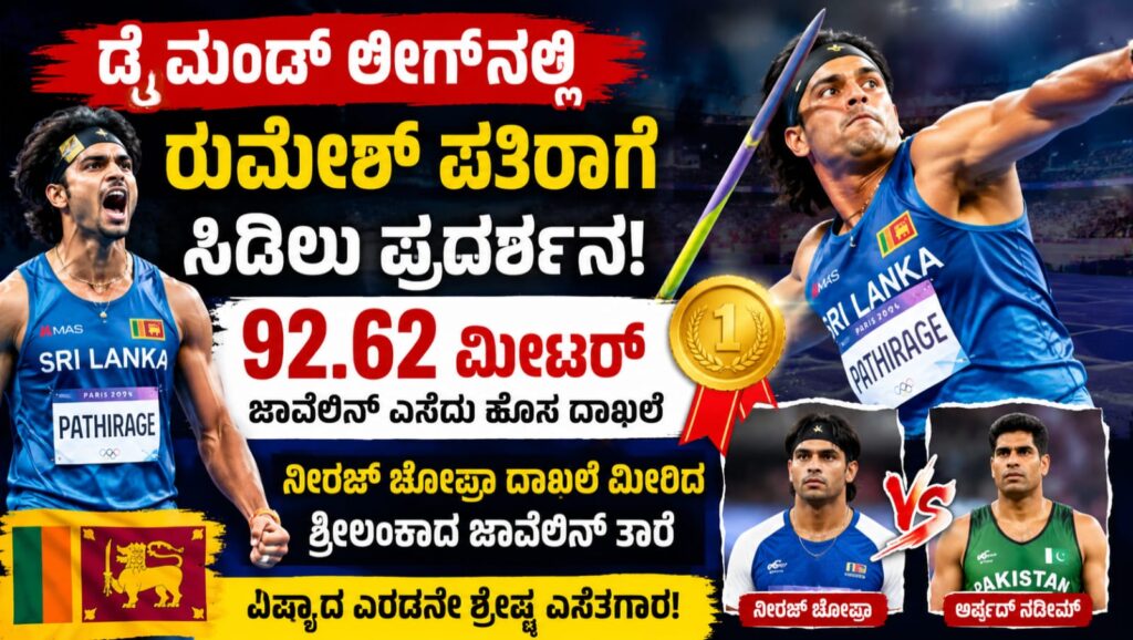 rumesh pathirage javelin throw diamond league recordಡೈಮಂಡ್ ಲೀಗ್‌ನಲ್ಲಿ ರುಮೇಶ್ ಪತಿರಾಗೆ ಮಿಂಚು: ನೀರಜ್ ಚೋಪ್ರಾ ದಾಖಲೆಯನ್ನು ಹಿಂದಿಕ್ಕಿದ ಶ್ರೀಲಂಕಾದ ಜಾವೆಲಿನ್ ತಾರೆ