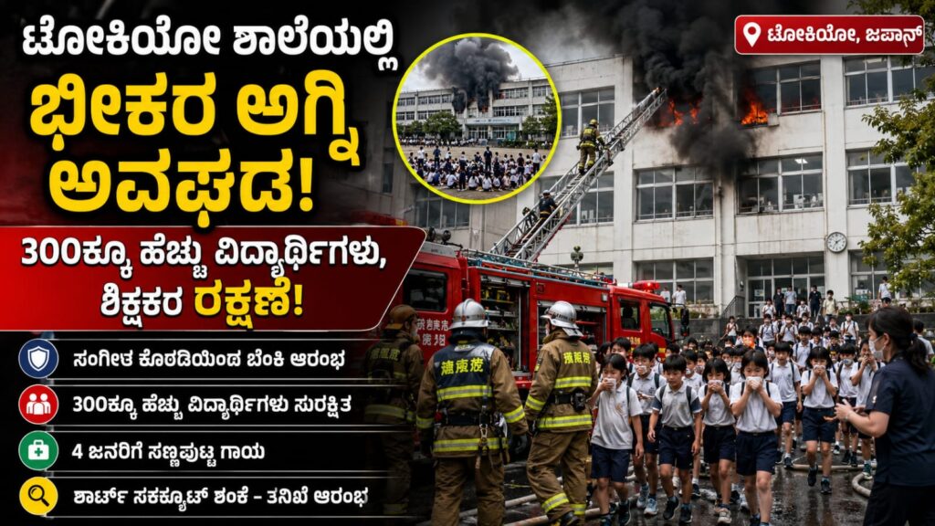 Tokyo school fire evacuation of students and teachers