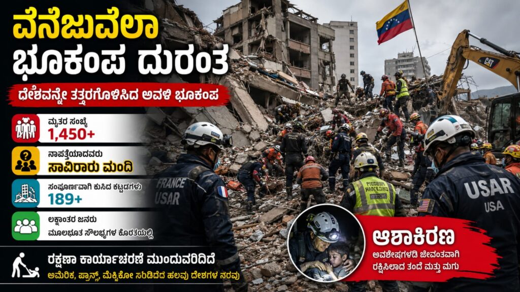 ವೆನೆಜುವೆಲಾ ಭೂಕಂಪದಲ್ಲಿ ಕುಸಿದ ಕಟ್ಟಡಗಳು ಮತ್ತು ರಕ್ಷಣಾ ಕಾರ್ಯಾಚರಣೆ ನಡೆಸುತ್ತಿರುವ ಸಿಬ್ಬಂದಿ