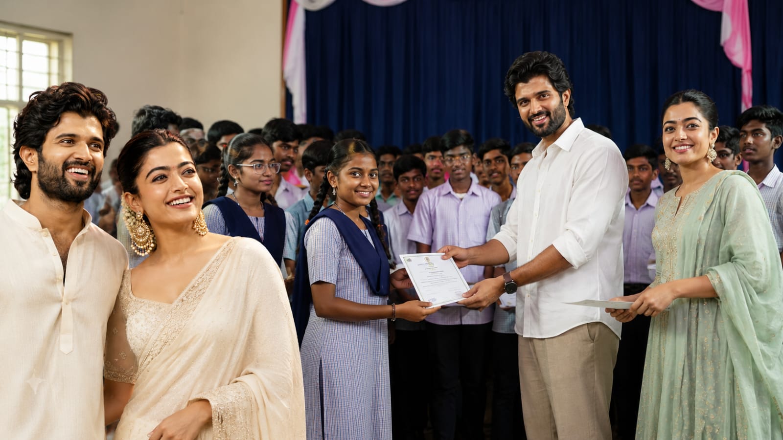 Vijay Deverakonda and Rashmika Mandanna distributing scholarships to students in Telangana