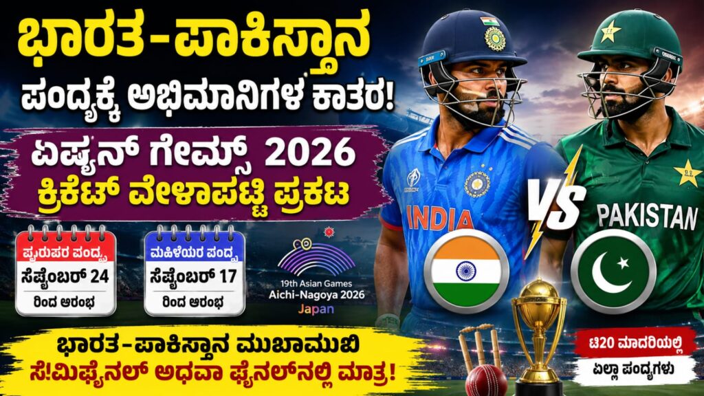 ಏಷ್ಯನ್ ಗೇಮ್ಸ್ 2026 ಕ್ರಿಕೆಟ್ ವೇಳಾಪಟ್ಟಿ ಬಿಡುಗಡೆಯಾದ ಹಿನ್ನೆಲೆ ಭಾರತ ಮತ್ತು ಪಾಕಿಸ್ತಾನ ತಂಡಗಳ ಲೋಗೋಗಳೊಂದಿಗೆ ಟಿ20 ಪಂದ್ಯಾವಳಿಯ ಪ್ರತಿಕಾತ್ಮಕ ಚಿತ್ರ.