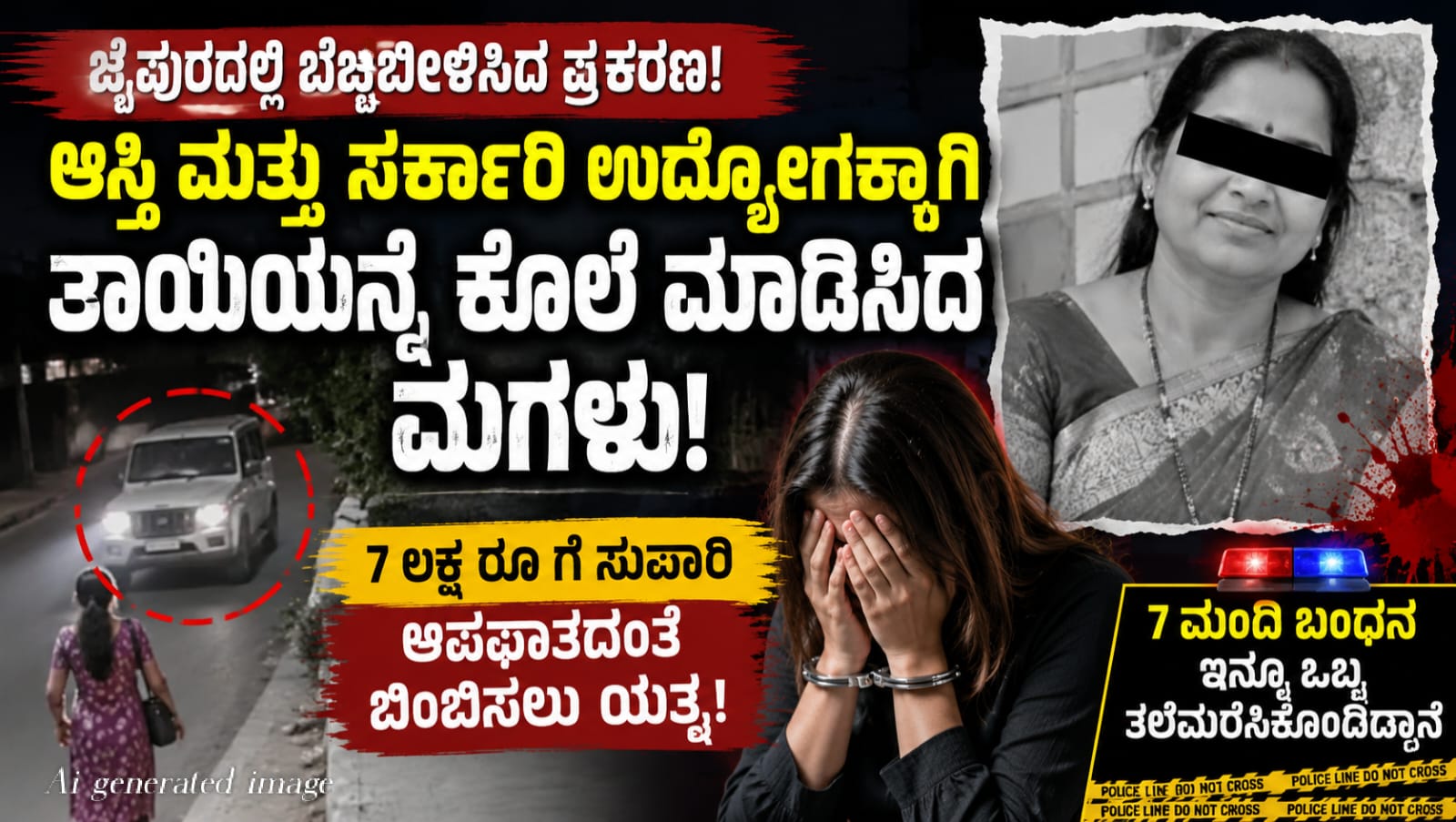 ಜೈಪುರದಲ್ಲಿ ತಾಯಿ ಹತ್ಯೆ ಪ್ರಕರಣಕ್ಕೆ ಸಂಬಂಧಿಸಿದ ಸಾಂಕೇತಿಕ ಚಿತ್ರ. ಆಸ್ತಿ ಮತ್ತು ಸರ್ಕಾರಿ ಉದ್ಯೋಗದ ಉದ್ದೇಶದಿಂದ ಸಂಚು ರೂಪಿಸಿದ ಆರೋಪದಲ್ಲಿ ಮಗಳು ಸೇರಿದಂತೆ ಏಳು ಮಂದಿಯನ್ನು ಬಂಧಿಸಿರುವ ಘಟನೆ.