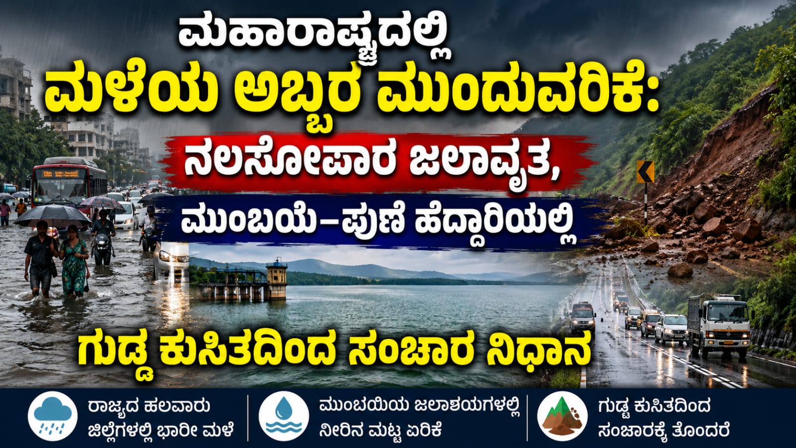 ಮಹಾರಾಷ್ಟ್ರದಲ್ಲಿ ಸುರಿಯುತ್ತಿರುವ ಭಾರೀ ಮಳೆಯ ಹಿನ್ನೆಲೆ ನಲಸೋಪಾರದಲ್ಲಿ ಜಲಾವೃತಗೊಂಡ ರಸ್ತೆ, ಮುಂಬಯಿ–ಪುಣೆ ಹೆದ್ದಾರಿಯಲ್ಲಿ ಗುಡ್ಡ ಕುಸಿತ ಹಾಗೂ ಮುಂಬಯಿಯ ಜಲಾಶಯಗಳಲ್ಲಿ ಏರಿದ ನೀರಿನ ಮಟ್ಟವನ್ನು ತೋರಿಸುವ ದೃಶ್ಯ.