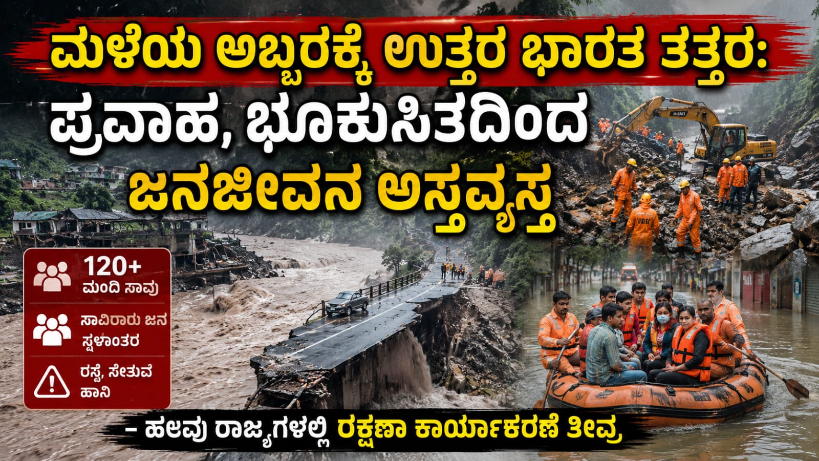 ಉತ್ತರ ಭಾರತದಲ್ಲಿ ಭಾರೀ ಮಳೆಯಿಂದ ಉಂಟಾದ ಪ್ರವಾಹ ಮತ್ತು ಭೂಕುಸಿತದ ದೃಶ್ಯ, ಜಲಾವೃತ ರಸ್ತೆ, ರಕ್ಷಣಾ ಕಾರ್ಯಾಚರಣೆ ಮತ್ತು ಜನರ ಸ್ಥಳಾಂತರ.