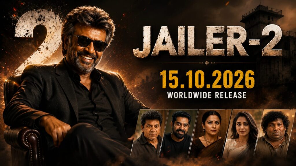 ರಜಿನಿಕಾಂತ್ ಅಭಿನಯದ 'ಜೈಲರ್ 2' ಚಿತ್ರದ ಬಿಡುಗಡೆ ದಿನಾಂಕ ಘೋಷಣೆಯ ಹಿನ್ನೆಲೆಯಲ್ಲಿ ಮಾಸ್ ಲುಕ್ನಲ್ಲಿ ಕಾಣಿಸಿಕೊಂಡಿರುವ ಪ್ರಚಾರಾತ್ಮಕ ಚಿತ್ರ.