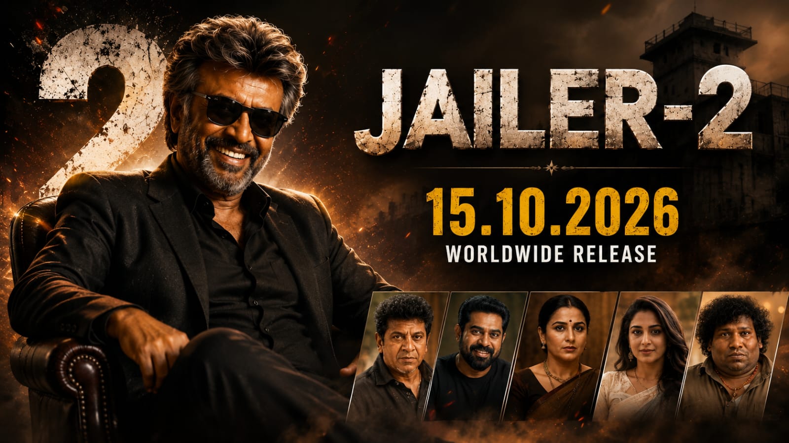 ರಜಿನಿಕಾಂತ್ ಅಭಿನಯದ 'ಜೈಲರ್ 2' ಚಿತ್ರದ ಬಿಡುಗಡೆ ದಿನಾಂಕ ಘೋಷಣೆಯ ಹಿನ್ನೆಲೆಯಲ್ಲಿ ಮಾಸ್ ಲುಕ್ನಲ್ಲಿ ಕಾಣಿಸಿಕೊಂಡಿರುವ ಪ್ರಚಾರಾತ್ಮಕ ಚಿತ್ರ.