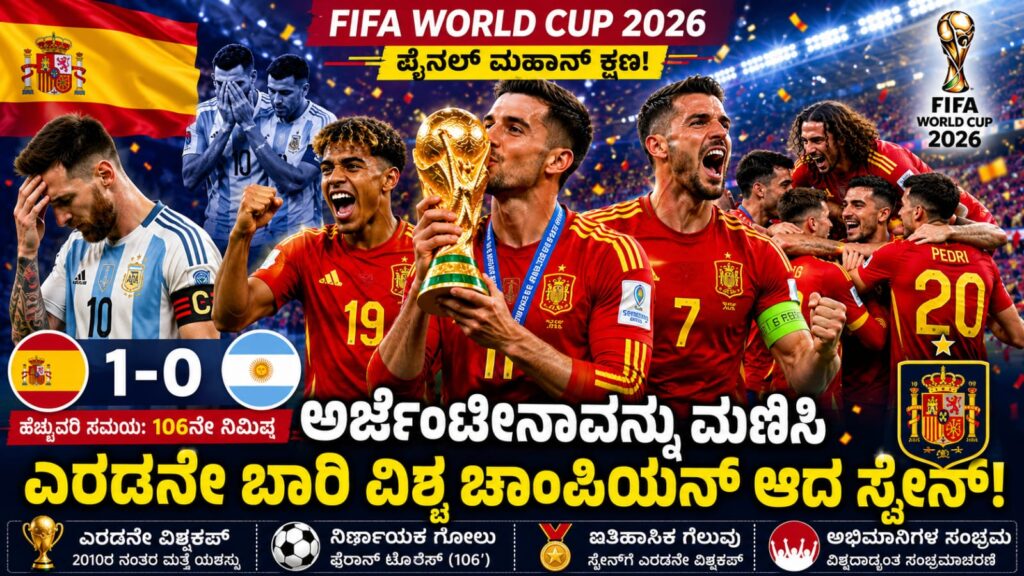 FIFA World Cup Final 2026: ಅರ್ಜೆಂಟೀನಾವನ್ನು 1-0 ಗೋಲುಗಳಿಂದ ಮಣಿಸಿ ಎರಡನೇ ಬಾರಿ ವಿಶ್ವಕಪ್ ಟ್ರೋಫಿ ಗೆದ್ದ ಸ್ಪೇನ್ ತಂಡ ಸಂಭ್ರಮಾಚರಣೆ ನಡೆಸುತ್ತಿರುವ ದೃಶ್ಯ