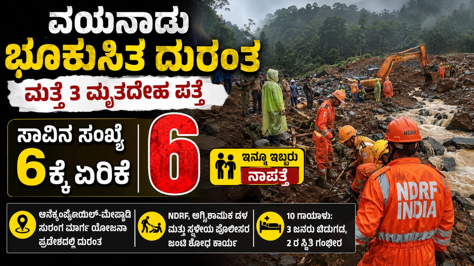 ವಯನಾಡು ಭೂಕುಸಿತ ದುರಂತದ ಬಳಿಕ ಎನ್ಡಿಆರ್ಎಫ್, ಅಗ್ನಿಶಾಮಕ ದಳ ಹಾಗೂ ಪೊಲೀಸರು ಅವಶೇಷಗಳ ನಡುವೆ ಶೋಧ ಮತ್ತು ರಕ್ಷಣಾ ಕಾರ್ಯಾಚರಣೆ ನಡೆಸುತ್ತಿರುವ ದೃಶ್ಯ.