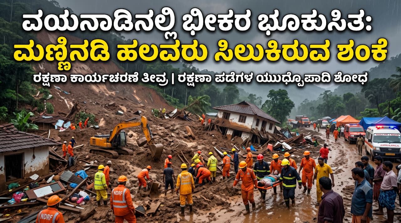 ಕೇರಳದ ವಯನಾಡಿನ ಕಲ್ಲಾಡಿ ಸಮೀಪ ಭಾರೀ ಮಳೆಯಿಂದ ಸಂಭವಿಸಿದ ಭೂಕುಸಿತದ ಬಳಿಕ ರಕ್ಷಣಾ ಸಿಬ್ಬಂದಿ ಮತ್ತು ಸ್ಥಳೀಯರು ಕಾರ್ಯಾಚರಣೆ ನಡೆಸುತ್ತಿರುವ ದೃಶ್ಯ.